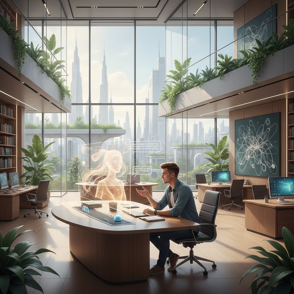 Młody człowiek rozmawiający z AI-symulatorem osobowości na laptopie, inspirująca atmosfera biura