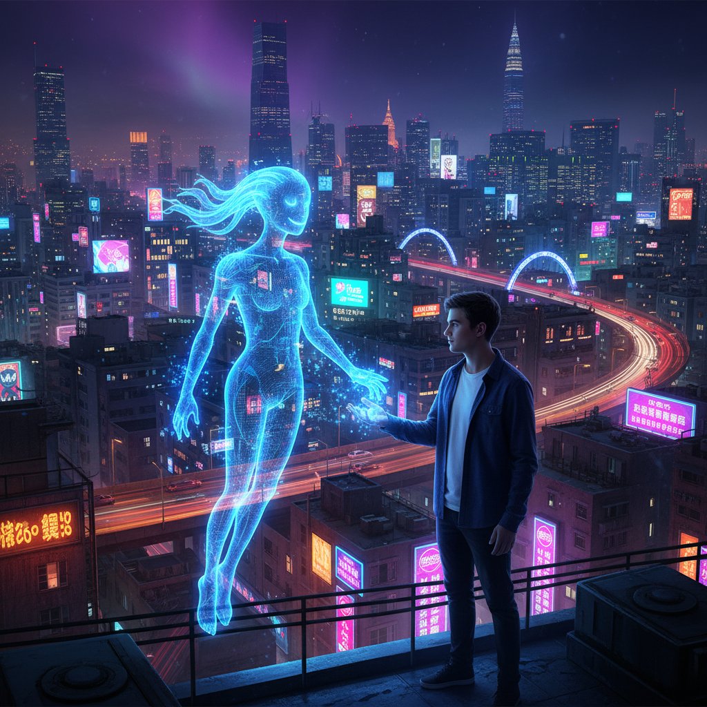 Młody człowiek na dachu miasta nocą rozmawiający z cyfrowym przyjacielem; neonowe światła, motyw przyjaźni online, kumpel online zamiast chatbota