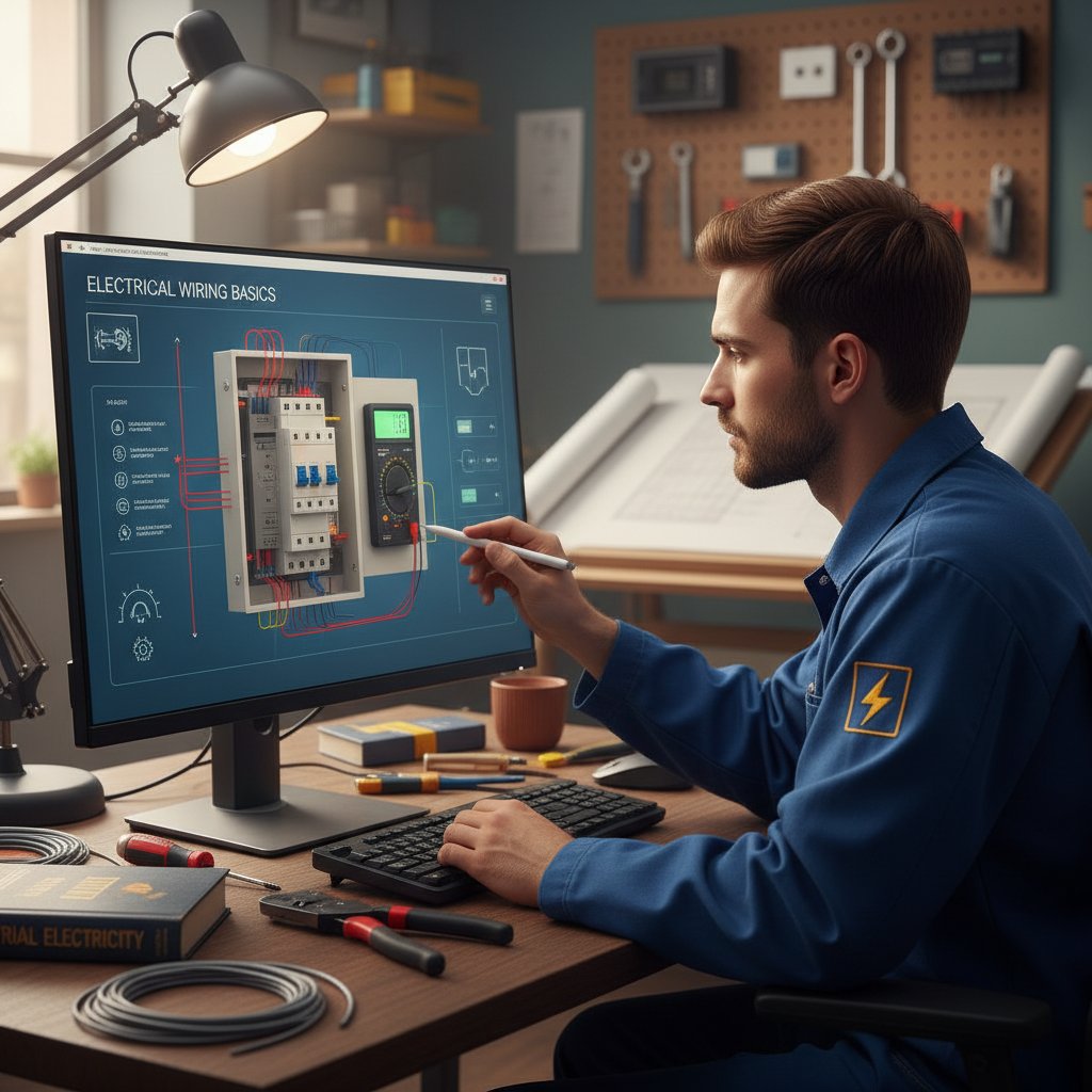 Młody człowiek korzystający z komputera, aplikacja edukacyjna dla elektryków na ekranie