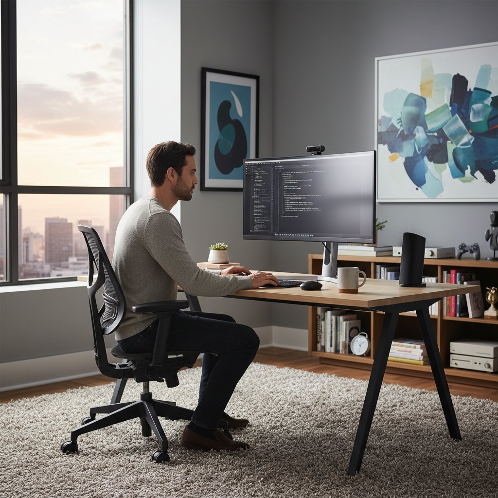 Młody człowiek rozmawiający przez komputer w domowym biurze, nowoczesny styl życia