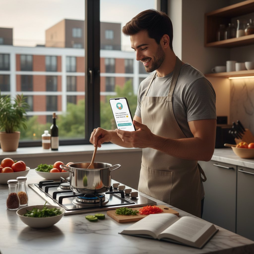 Alltagsszene: Junger Mann kocht in der Küche, das Smartphone mit einer Chatbot-Nachricht neben sich – KI-Freundin als Begleiterin beim Kochen