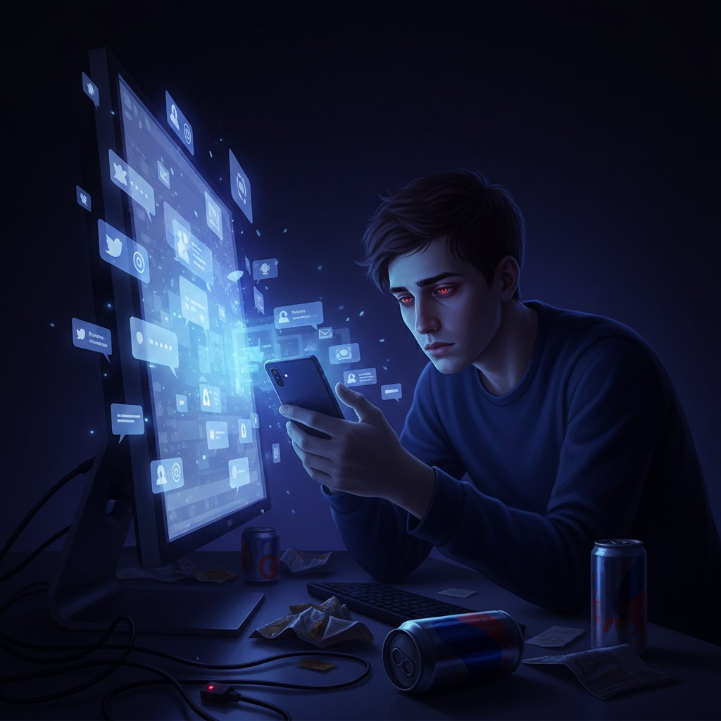 Młody człowiek wpatruje się w ekran w ciemności, w tle rozmazane powiadomienia, zmęczony wzrok