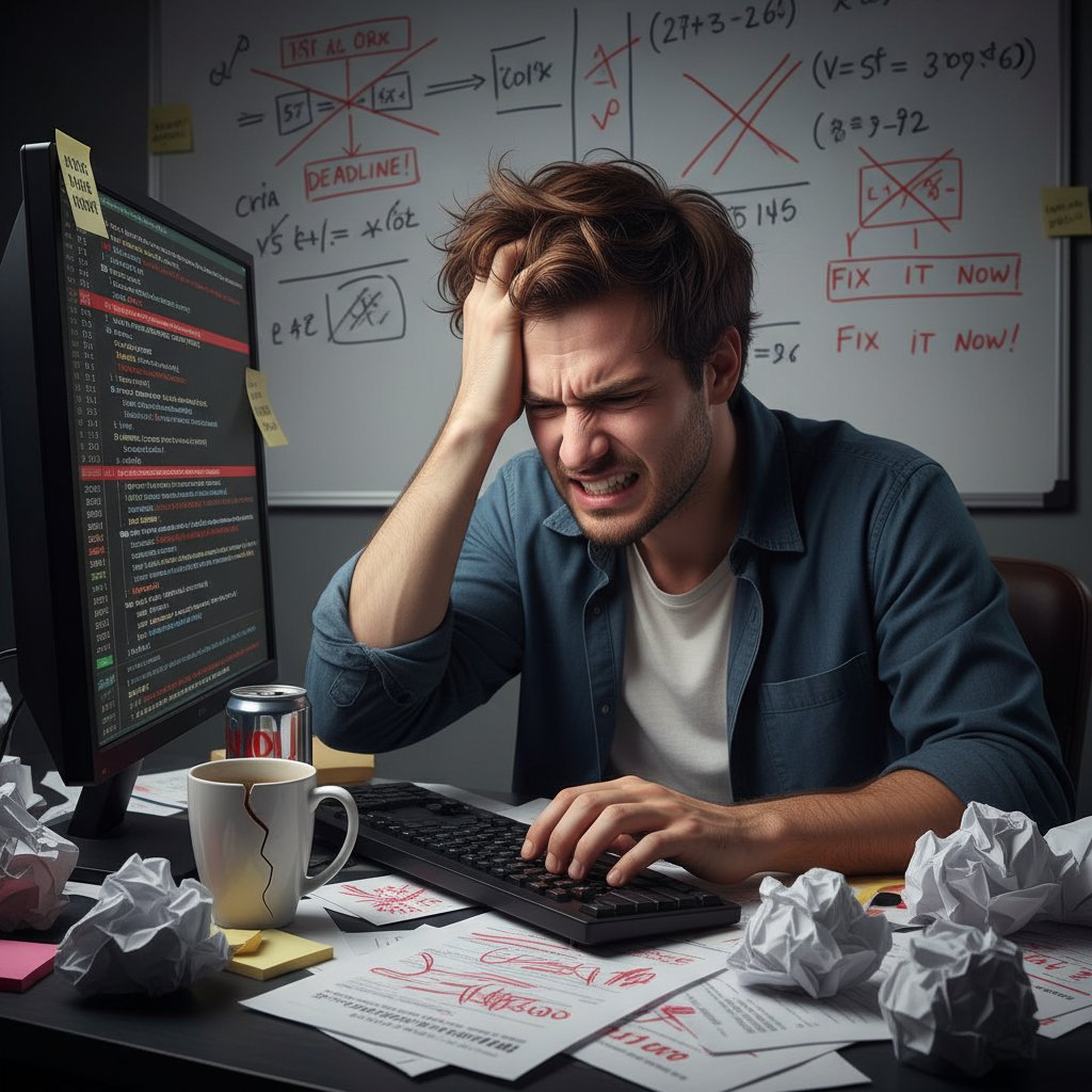 Błędy w walce ze stresem: młody mężczyzna siedzi przy biurku ze zmęczoną miną, wokół bałagan, keywords: błędy, stres, codzienność