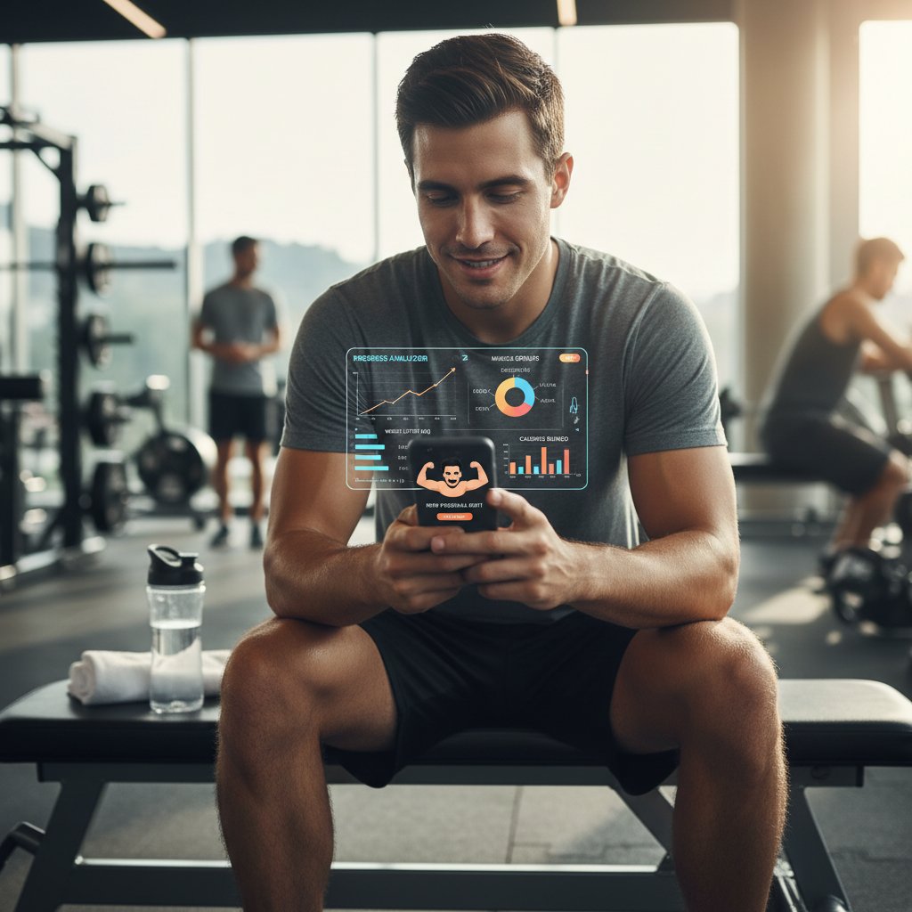 Młody mężczyzna sprawdzający aplikację fitness po skończonym treningu, analiza wyników, motywacja