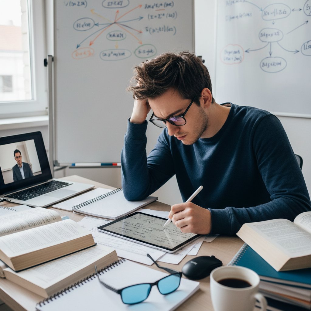 Zbliżenie na młodego mężczyznę w okularach, analizującego notatki podczas nauki online