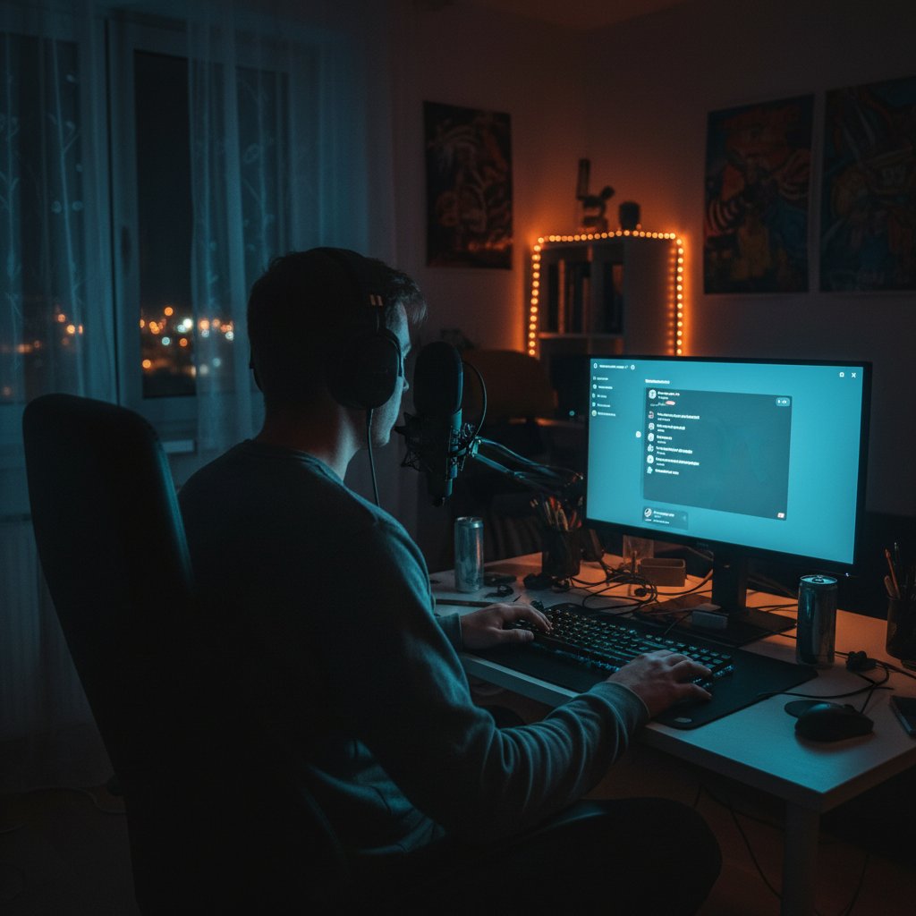 Młody człowiek w słuchawkach przed komputerem, rozmawiający anonimowo online w polskim mieszkaniu w nocy