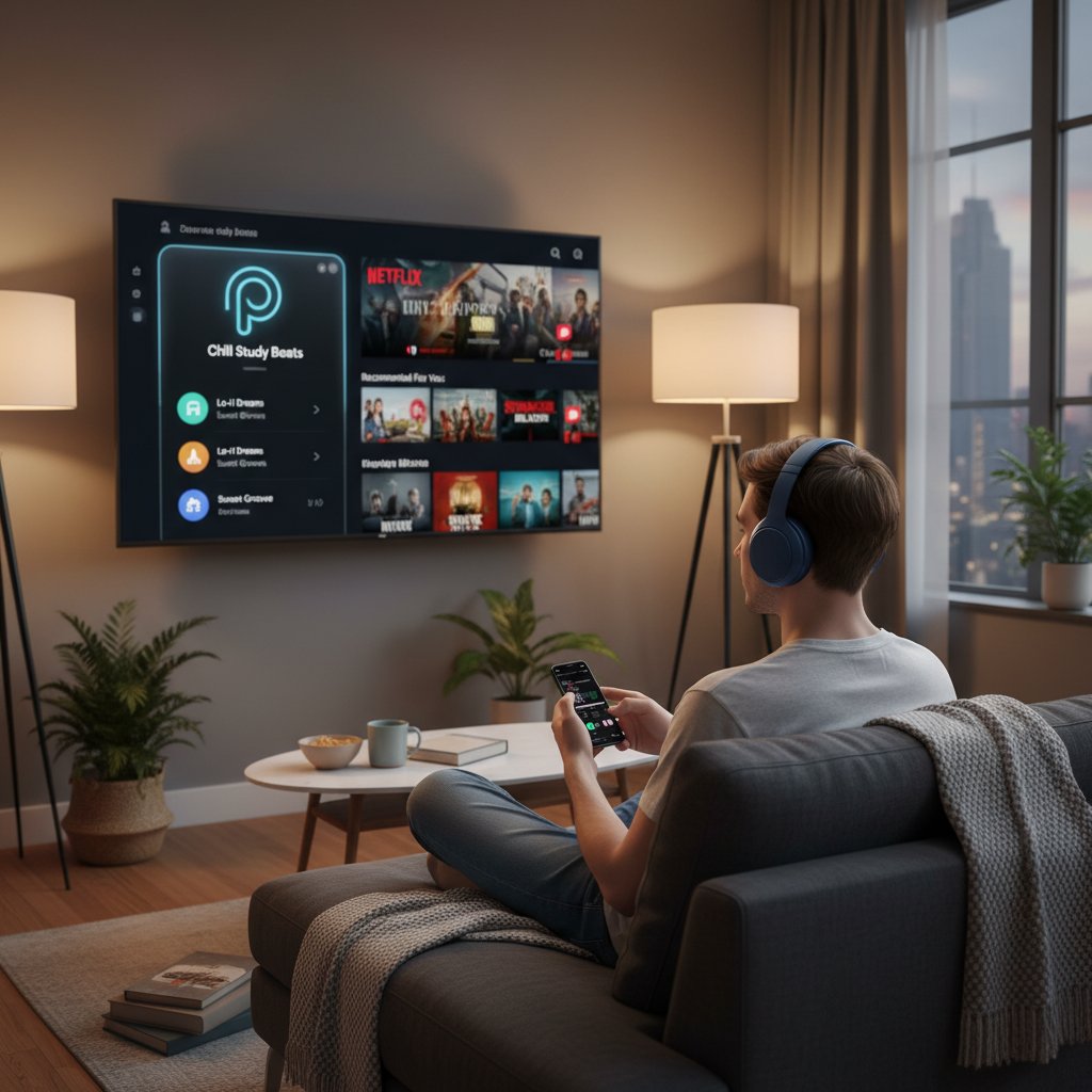 Młody mężczyzna w słuchawkach sprawdza playlistę na Spotify, obok ekran z rekomendacjami Netflixa