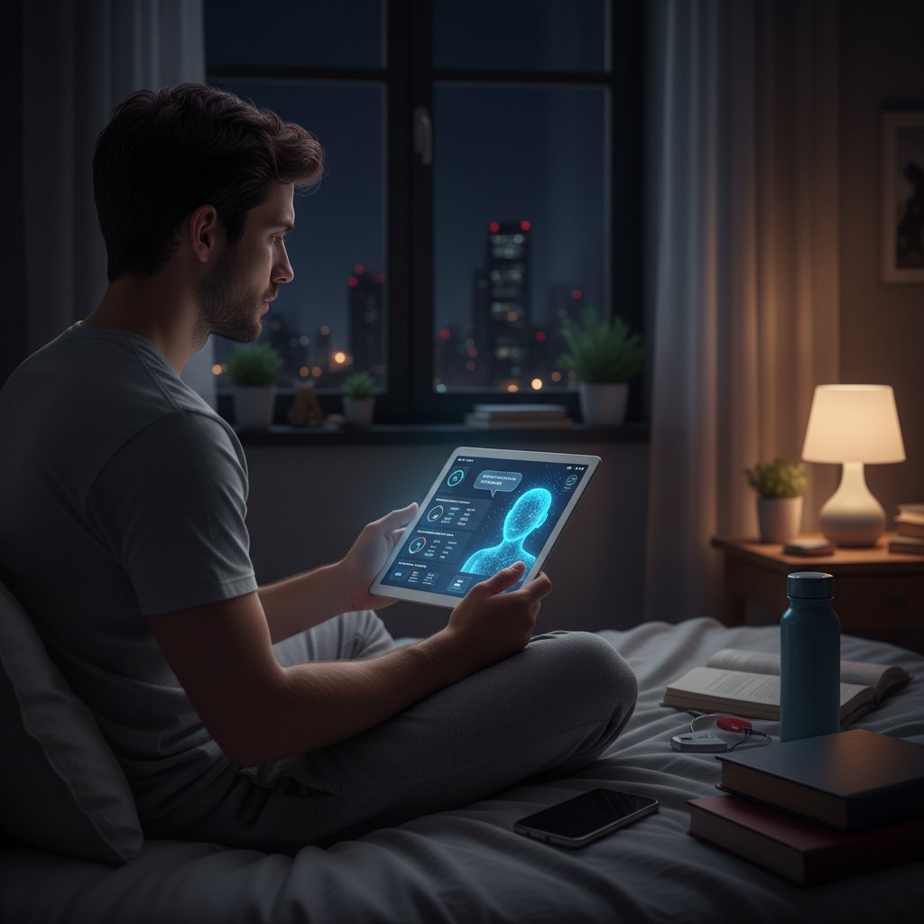 Młody mężczyzna przeglądający aplikację zdrowotną na telefonie, przy łóżku, wieczorem – symbol wsparcia AI w terapii