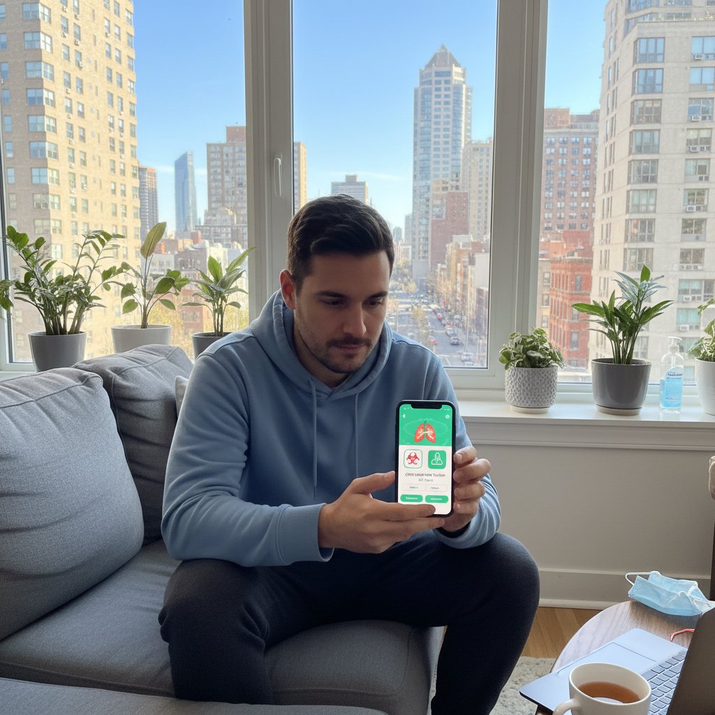 Młody mężczyzna konsultujący wyniki zdrowotne na smartfonie podczas pandemii