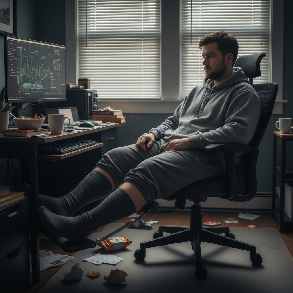 Młody mężczyzna siedzi zamyślony na kanapie, jego nogi opuchnięte, w tle ekran komputera i zamknięte żaluzje