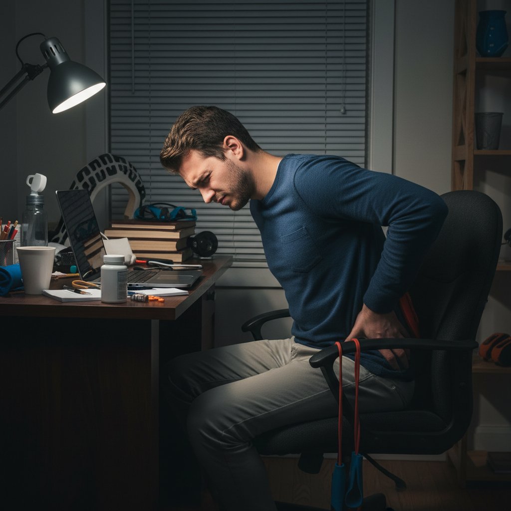 Zdjęcie młodego mężczyzny pracującego z laptopem przy stole w domu, wyraźnie niewygodna pozycja