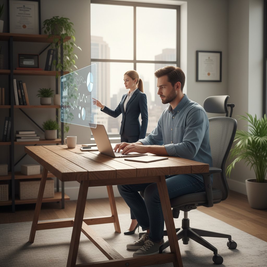 Młody mężczyzna korzystający z laptopa w domowym biurze, ekran z narzędziem kariery online, wieczorna atmosfera