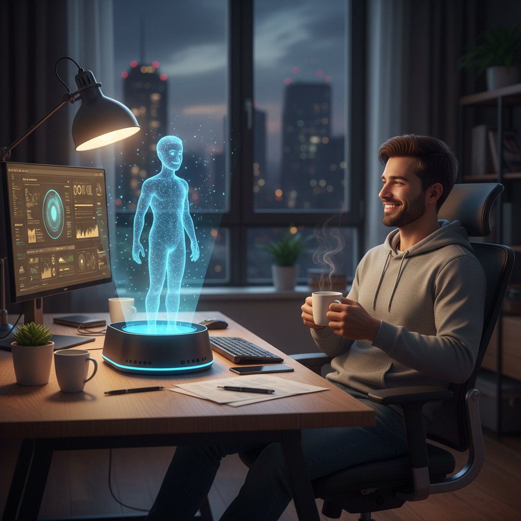 Junger Mann im Homeoffice, chattet abends mit KI-Begleiterin, echtes Lächeln im Gesicht