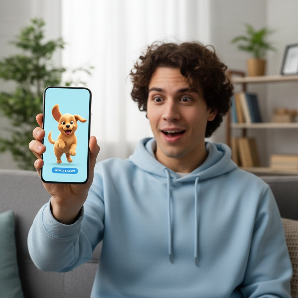 Młody mężczyzna instaluje aplikację z wirtualnym psem na smartfonie, entuzjastyczne pierwsze wrażenia