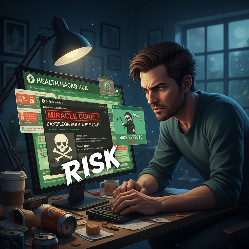 Młody mężczyzna przeglądający fora internetowe dotyczące zdrowia – zagrożenie dezinformacją