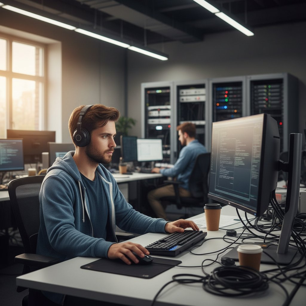 Młody mężczyzna pracujący w biurze IT, skupiony na ekranie, otoczony nowoczesnymi technologiami