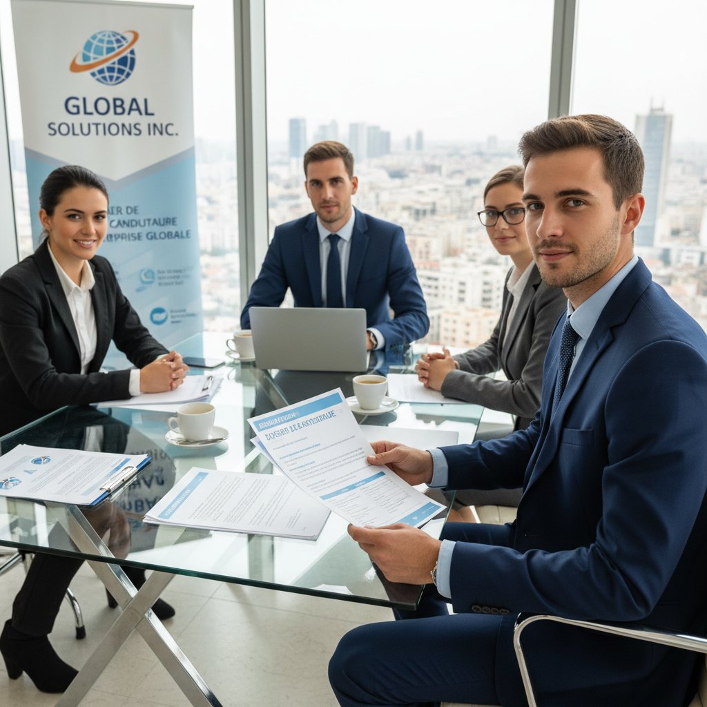Młody mężczyzna podczas rozmowy kwalifikacyjnej w firmie międzynarodowej, z dokumentami w języku francuskim