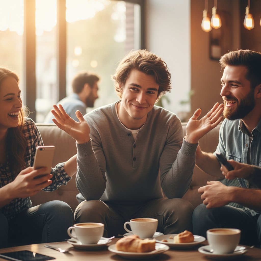 Młody mężczyzna żartobliwie przeprasza na czacie, pozytywna atmosfera