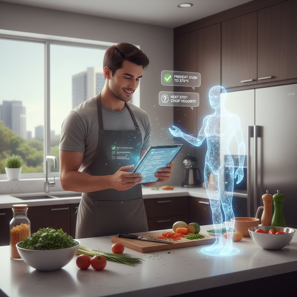Młody mężczyzna korzystający z listy kontrolnej podczas gotowania z AI kucharzem