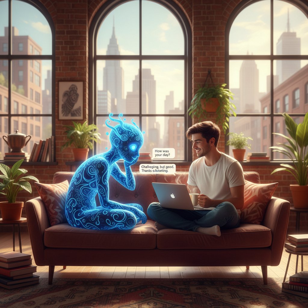 Młody człowiek siedzący z laptopem, AI jako cyfrowy kumpel, atmosfera miejskiej intymności, rozmowy online po polsku