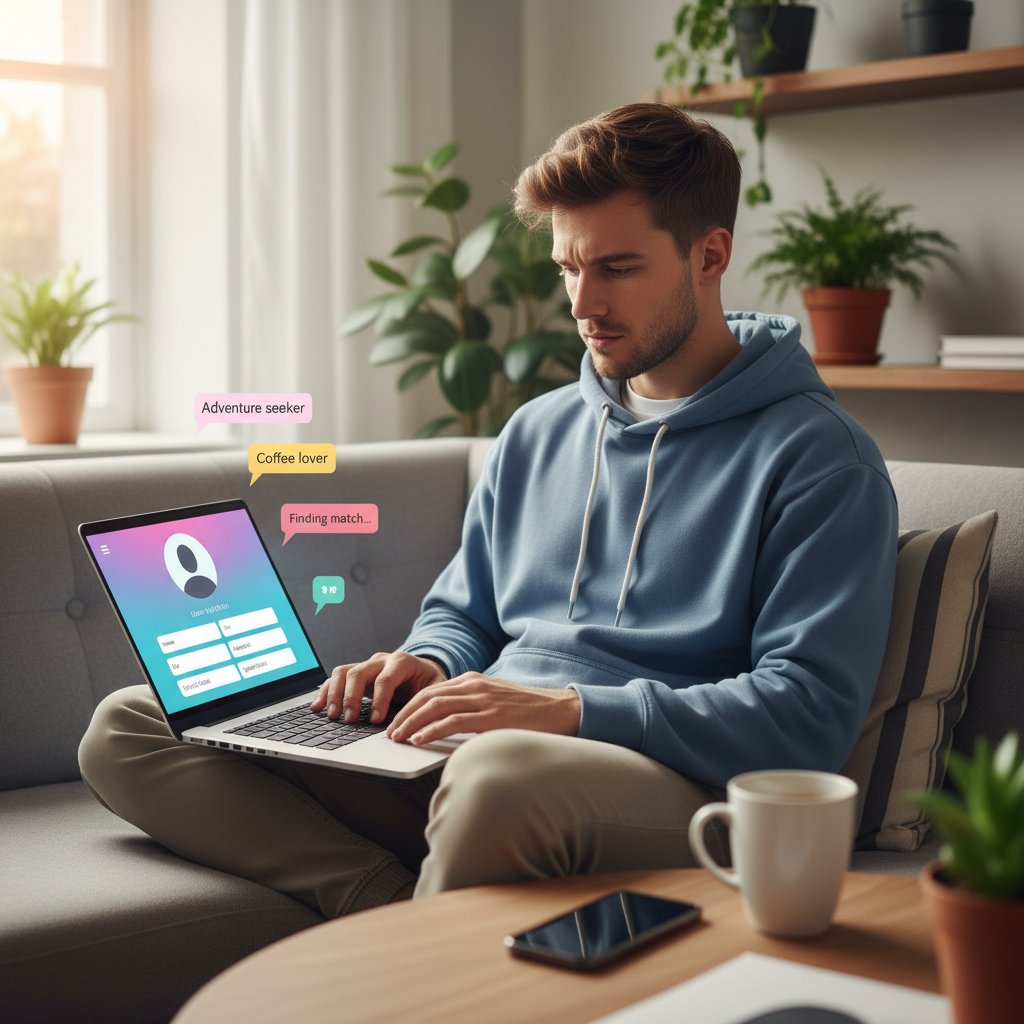 Młody mężczyzna tworzy profil na aplikacji randkowej na laptopie, skupiony wyraz twarzy, słowa kluczowe: zakładanie profilu, randki online, bezpieczeństwo