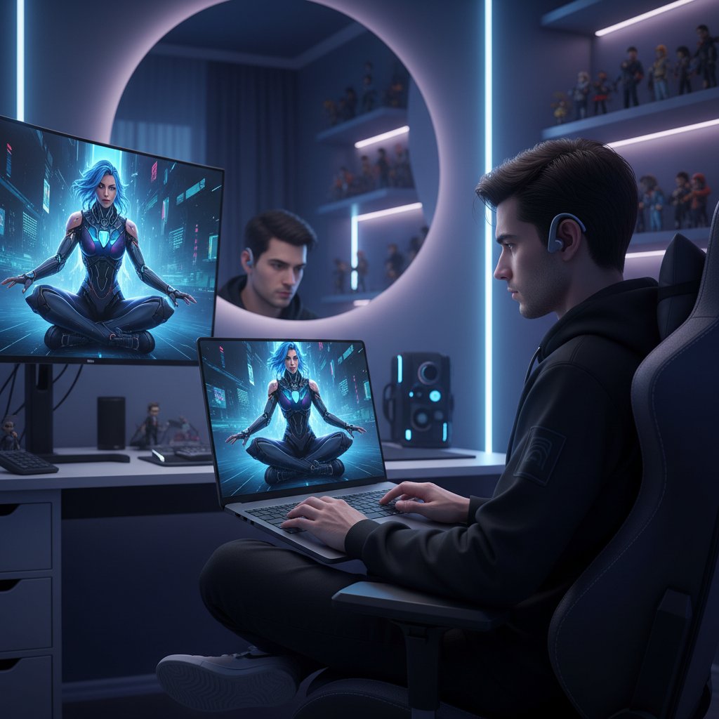 Młody mężczyzna rozmawiający przez laptopa, na ekranie wirtualny awatar w podobnej pozie