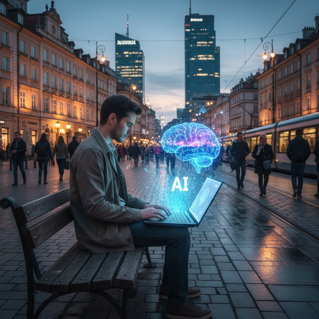 Dynamiczny młody człowiek korzystający z laptopa, wokół hologramy symbolizujące AI i słowa kluczowe ChatGPT, rozwój osobisty, polska scena cyfrowa