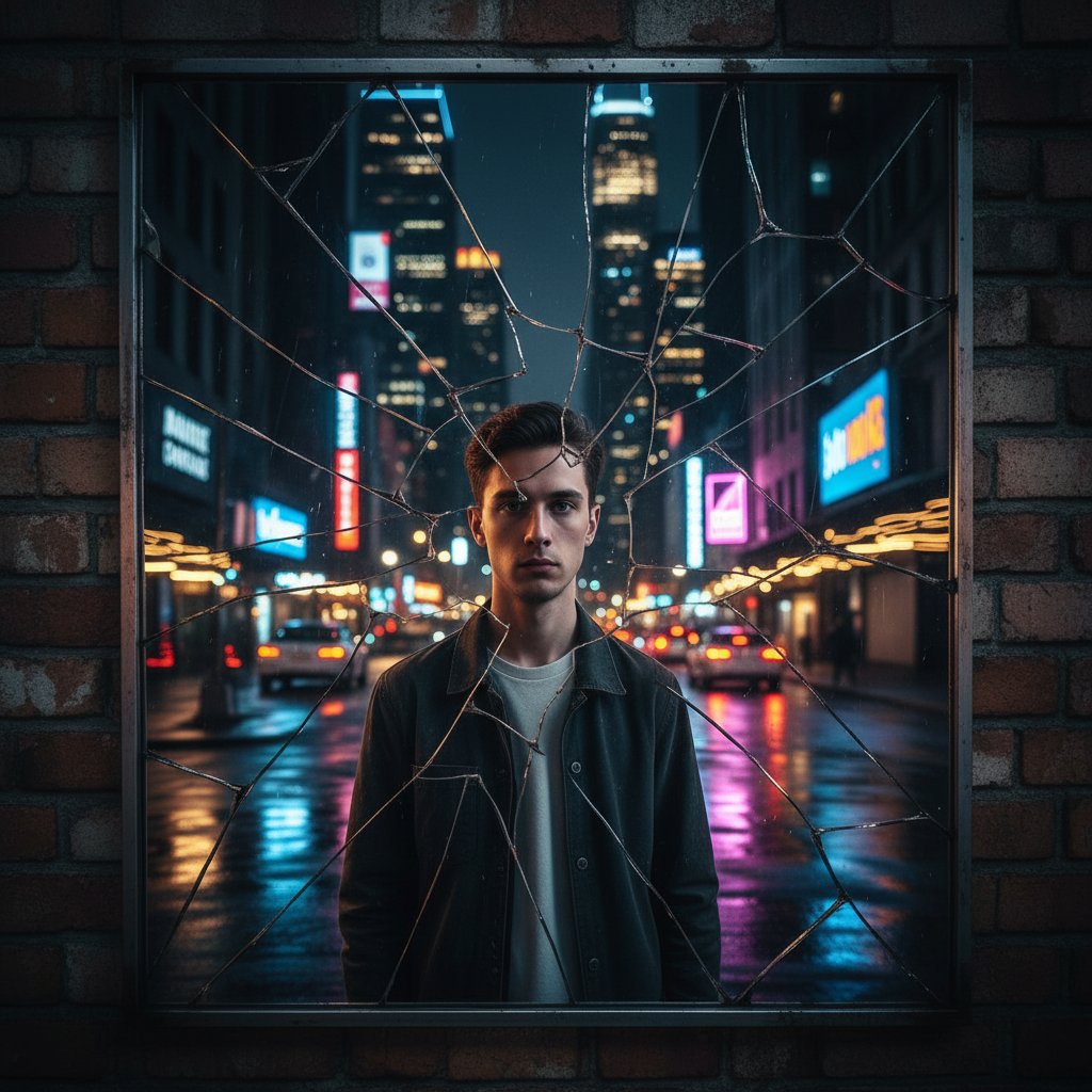 Młody człowiek patrzący w lustro, odbicie zdeformowane przez światło i przesunięcia