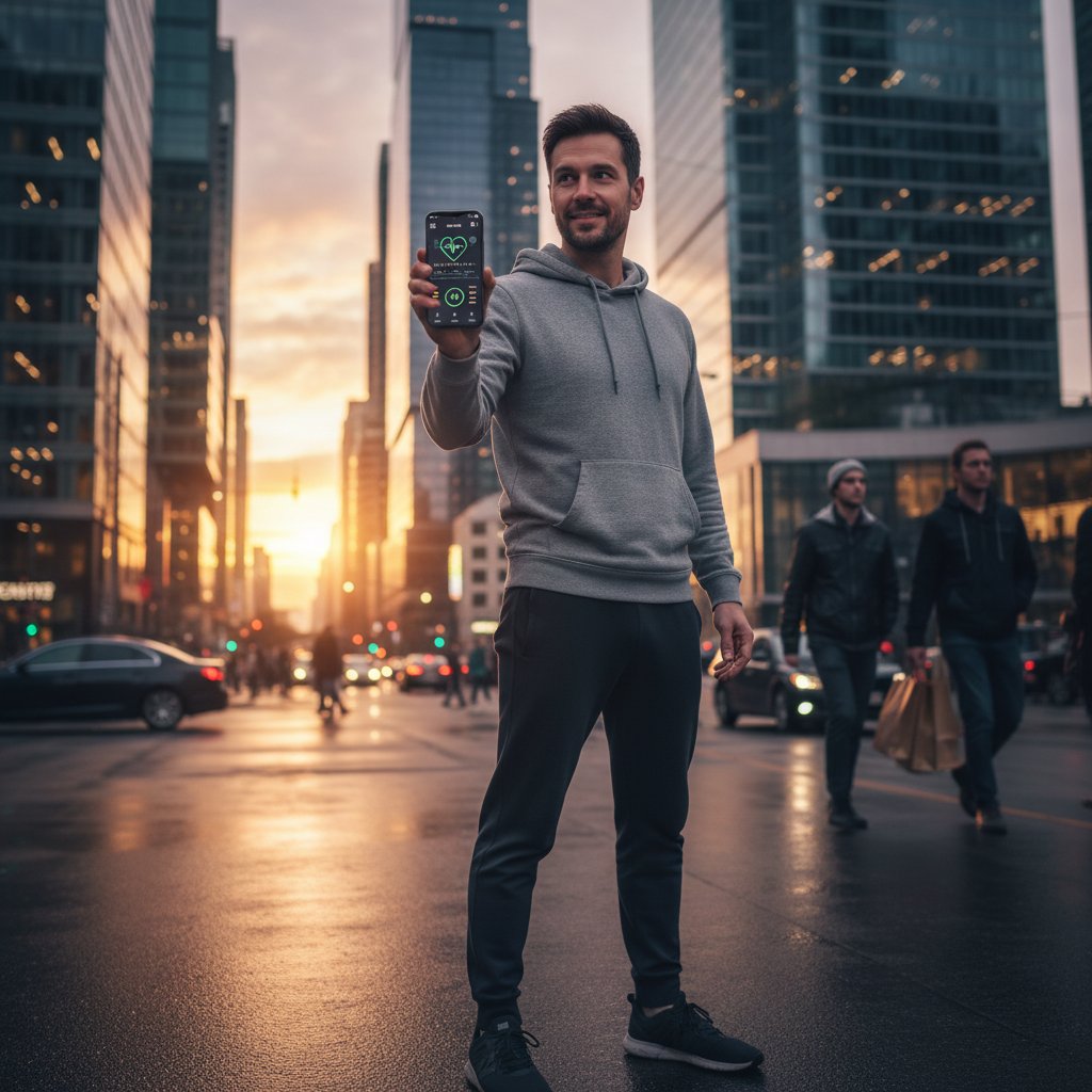 Młody mężczyzna korzysta z aplikacji zdrowotnej w miejskim otoczeniu