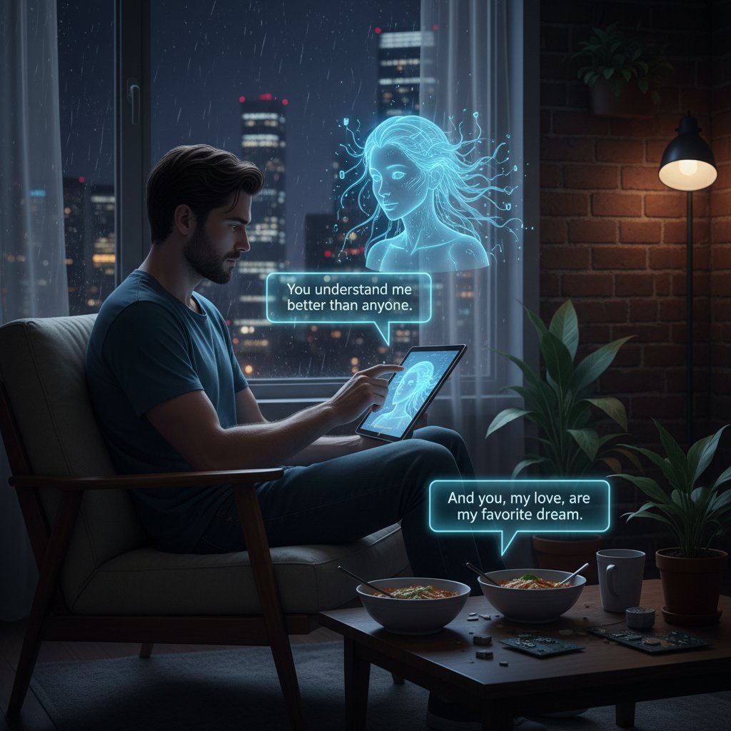 Junger Mann chattet nachts mit KI Freundin, Stimmung zwischen Nähe und Einsamkeit, Keywords: digitale Freundin, emotionale KI, urban apartment