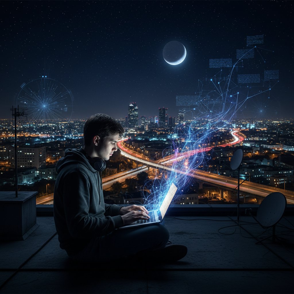 Młody mężczyzna w nocy, laptop oświetla twarz, za oknem miasto, symbol nowoczesnej samotności i wsparcia
