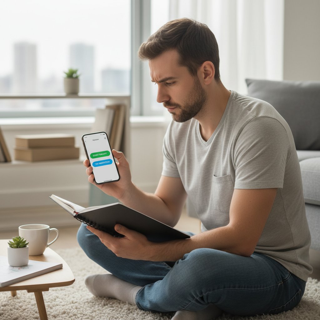 Junger Mann mit Notizblock und Handy, persönlicher Entscheidungsprozess für digitale Tools