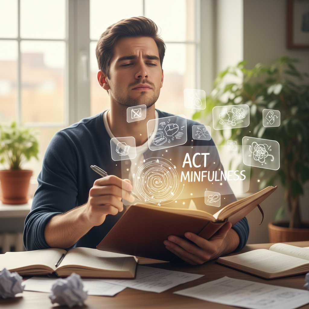 Młody mężczyzna zamyślony nad notesem, popełniający błędy w praktyce ACT mindfulness