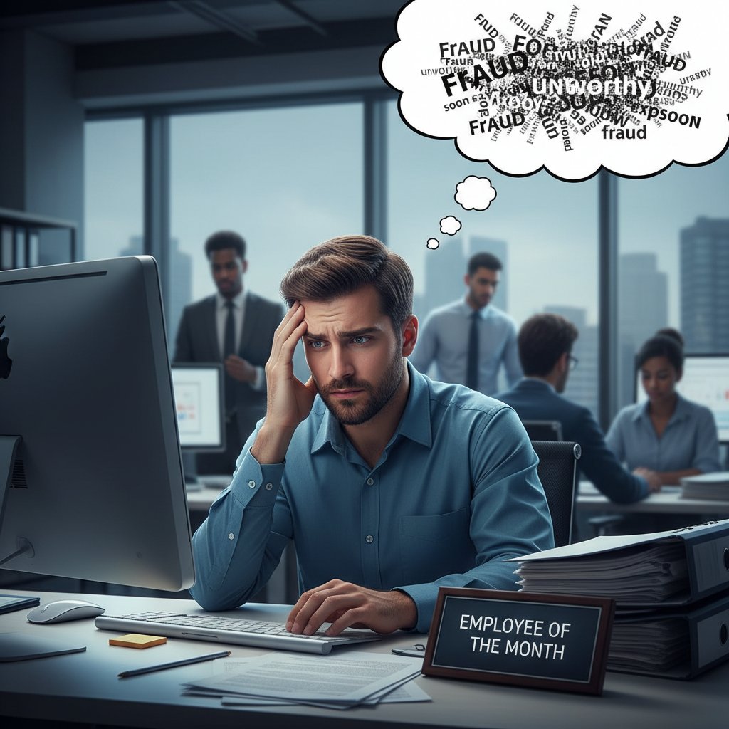 Zbliżenie na twarz młodego mężczyzny w biurze, z wyrazem niepokoju i zamyślenia, symbolizującym sygnały syndromu oszusta