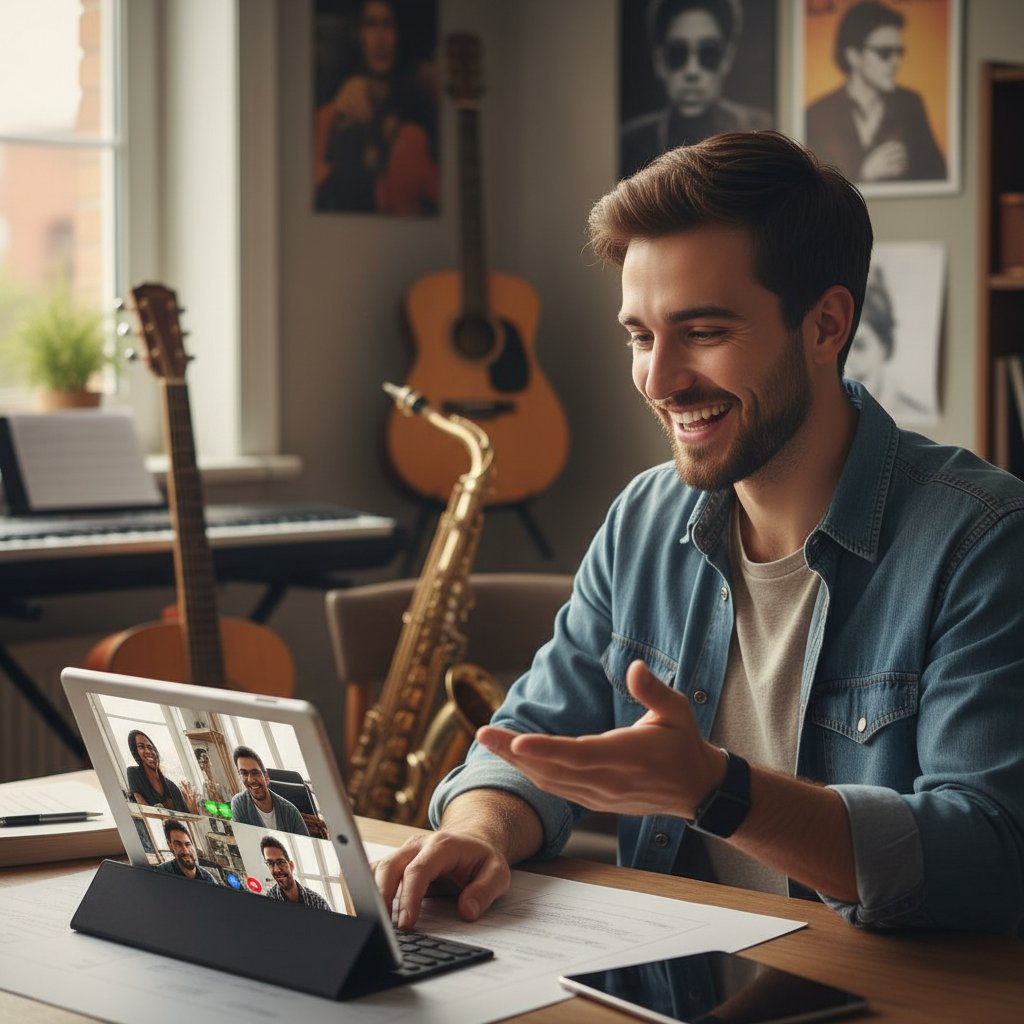 Młody mężczyzna prowadzący rozmowę online, zadowolony, w otoczeniu instrumentów muzycznych