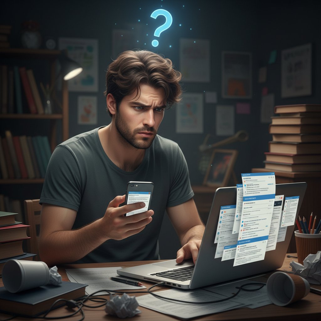 Młody człowiek sprawdzający różne źródła online na smartfonie i laptopie, rozczarowany niejednoznacznością informacji