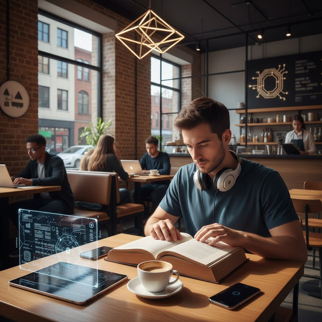 Młody człowiek z filozoficzną książką w kawiarni, zanurzony w myślach, otoczony nowoczesną technologią