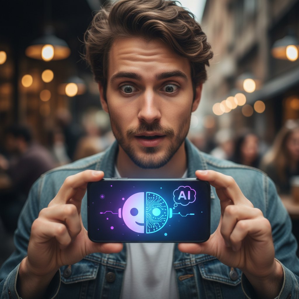 Młody człowiek wpatrzony w ekran telefonu, na którym wyświetla się emotka AI