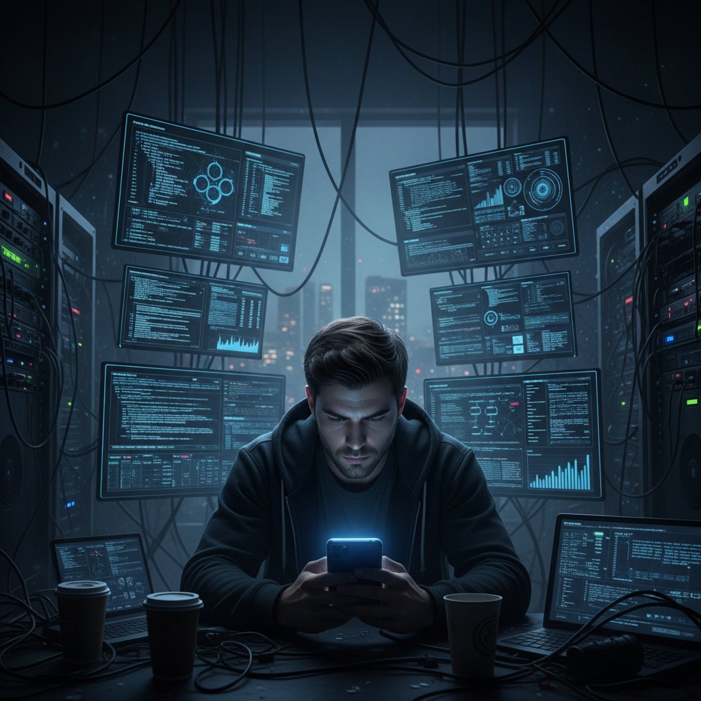 Młody człowiek przeglądający telefon w ciemnym pokoju, otoczony ekranami z wykresami i danymi, symbol iluzji kontroli w erze AI