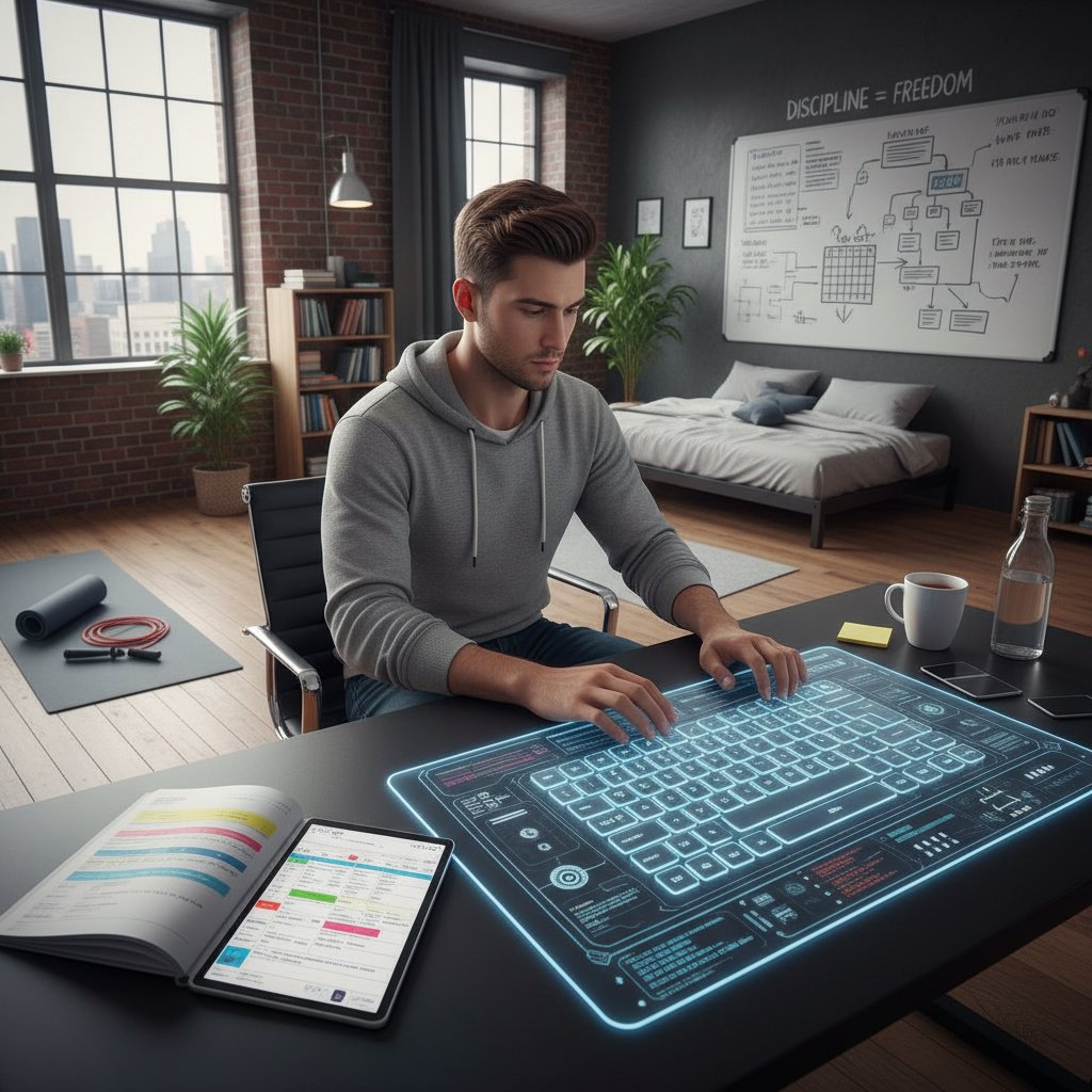 Młody mężczyzna z plannerem na klawiaturze cyfrowej, kawalerka, nauka na pianinie online, samodyscyplina