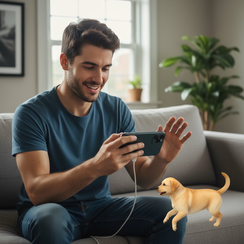 Junger Mann spielt interaktiv mit virtuellem Hund am Smartphone, flexible Spielmechaniken