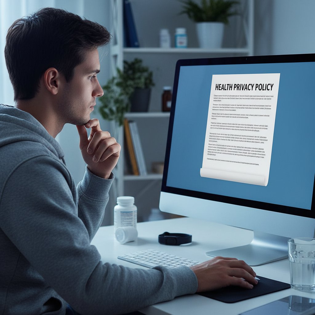 Zdjęcie młodego mężczyzny przy komputerze, analizującego politykę prywatności zdrowotnej