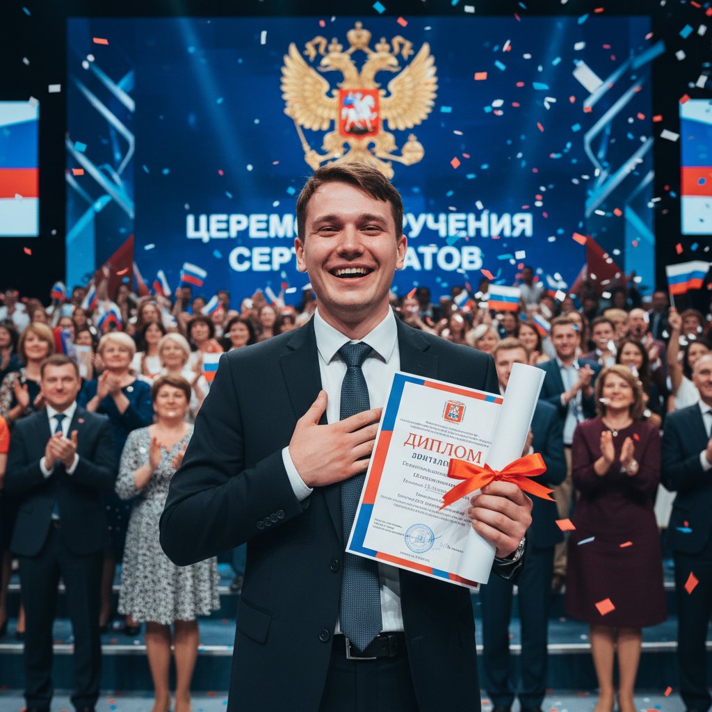 Młody mężczyzna odbierający dyplom certyfikatu języka rosyjskiego online, zadowolenie i emocje