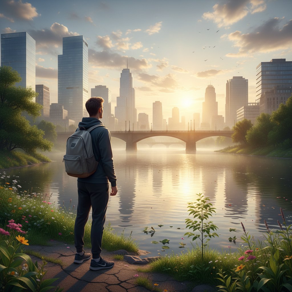 Młody mężczyzna nad rzeką o świcie, zamyślony, panorama miasta – symbol odbudowy