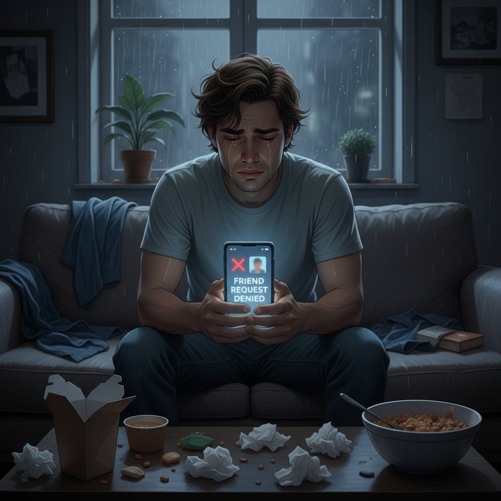 Młody mężczyzna patrzący smutno na telefon po odrzuceniu w social mediach