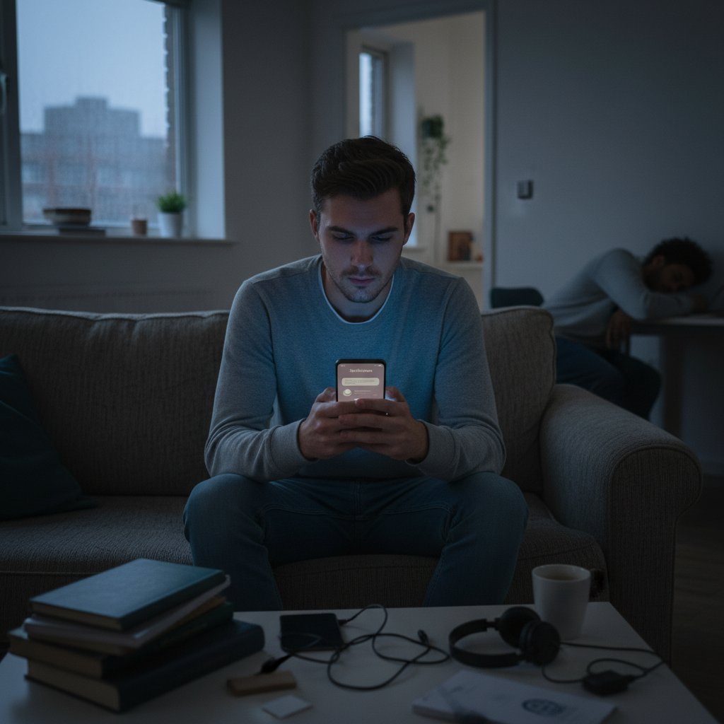 Junger Mann in WG-Zimmer, schweigend mit Smartphone, Emotionale Unterstützung App Deutsch, Einsamkeit und digitale Begleiterin