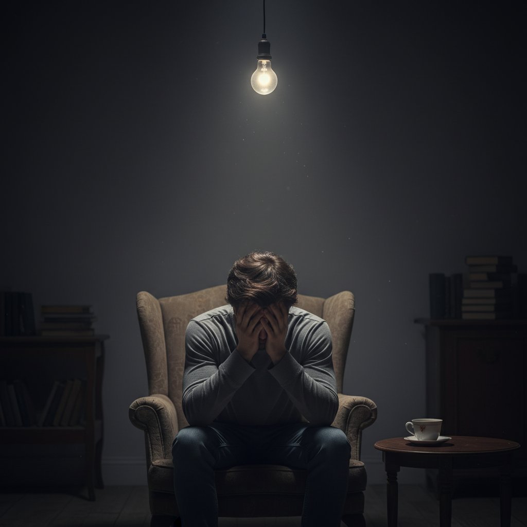 Młody mężczyzna siedzący samotnie w ciemnym pokoju, twarz ukryta w dłoniach, atmosfera izolacji