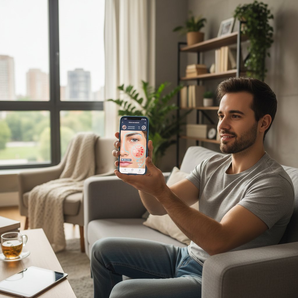Młody mężczyzna krok po kroku korzysta z aplikacji do analizy skóry w domu