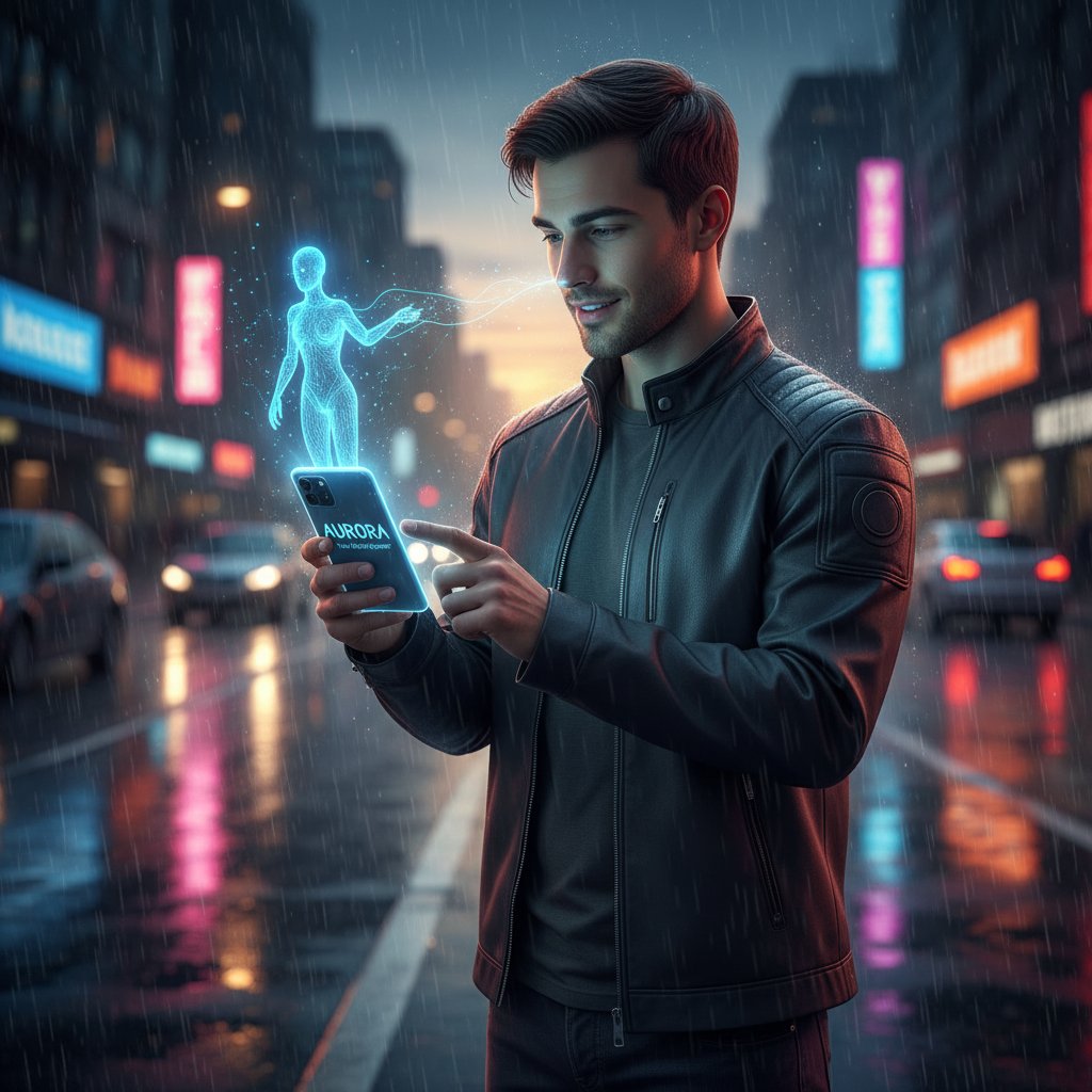 Junger Mann chattet nachts mit KI-Begleiterin auf Smartphone, Gefühl von digitaler Gesellschaft und Support