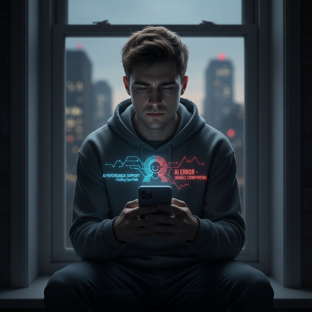 Młody mężczyzna patrzący na ekran telefonu, mieszanka nadziei i rozczarowania, wsparcie psychologiczne AI